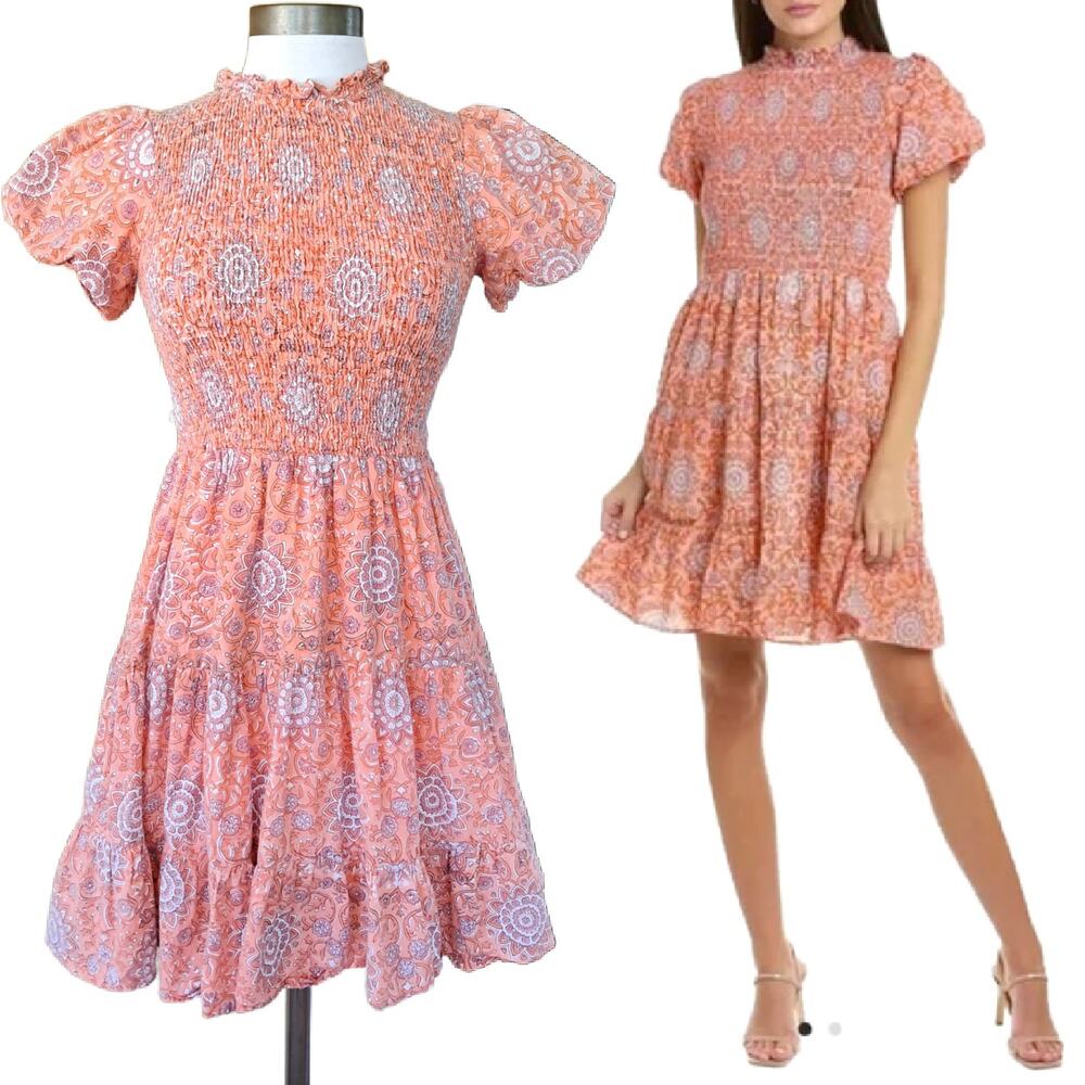 JUDE CONNALLY Azalea Smocked Mini Dress XS Vintage Orange A-line Puff Sleeve